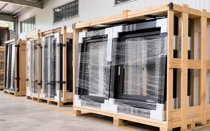Aluminium windows and doors packed in wooden crates for export