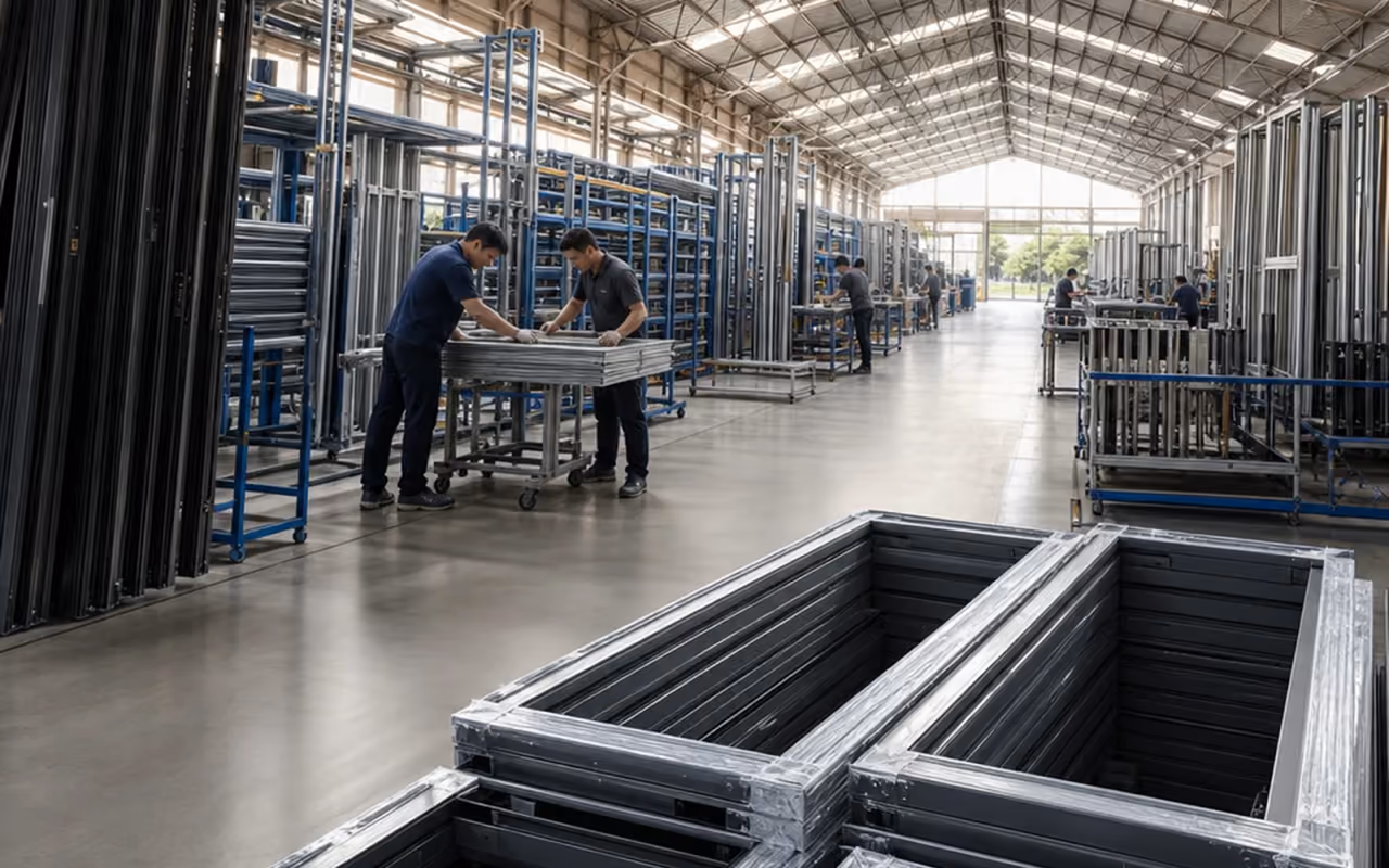 Aluminium window factory review with black frames in production