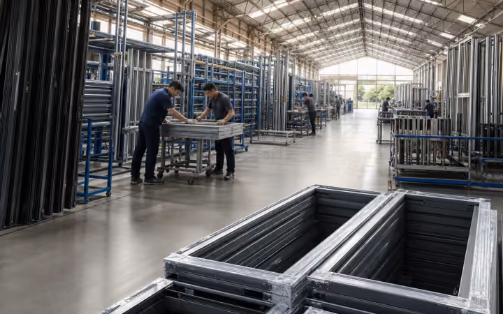 Aluminium window factory review with black frames in production