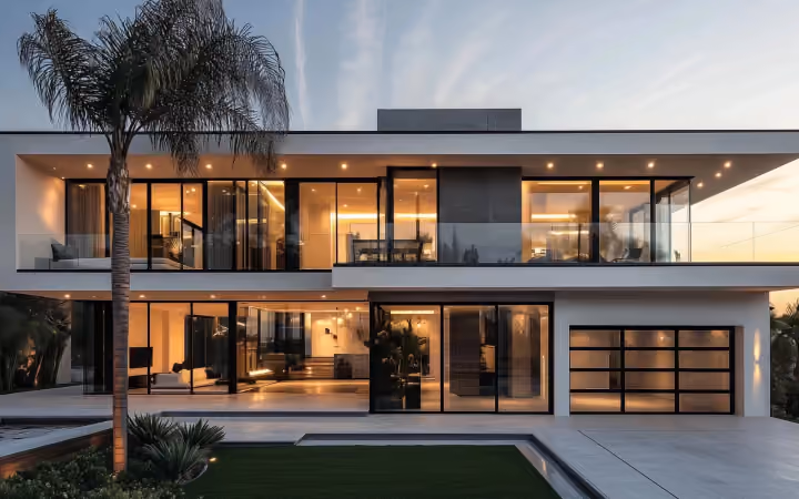 Modern villa exterior with black aluminium windows and sliding doors